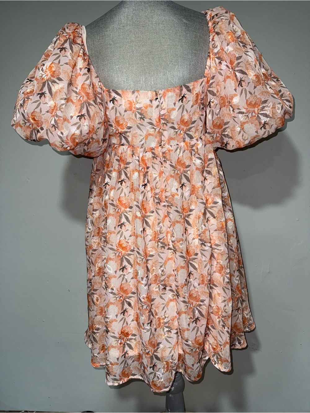 Floral Puff-Sleeve Mini Dress in Peach - Picture 3 of 7